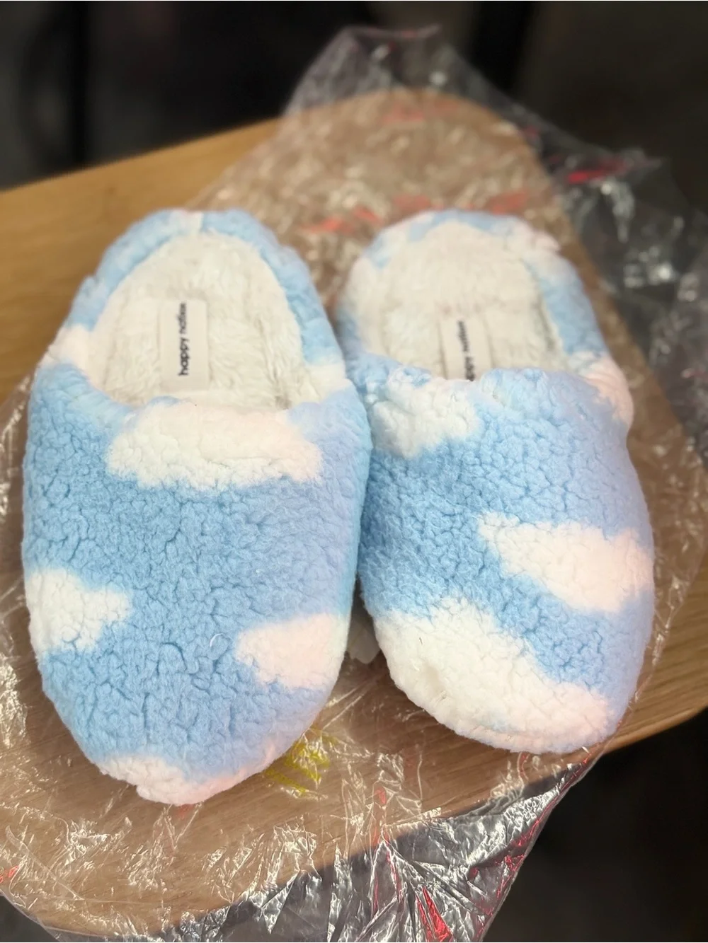 Cozy Cloud Print Fuzzy Slippers - Blue & White